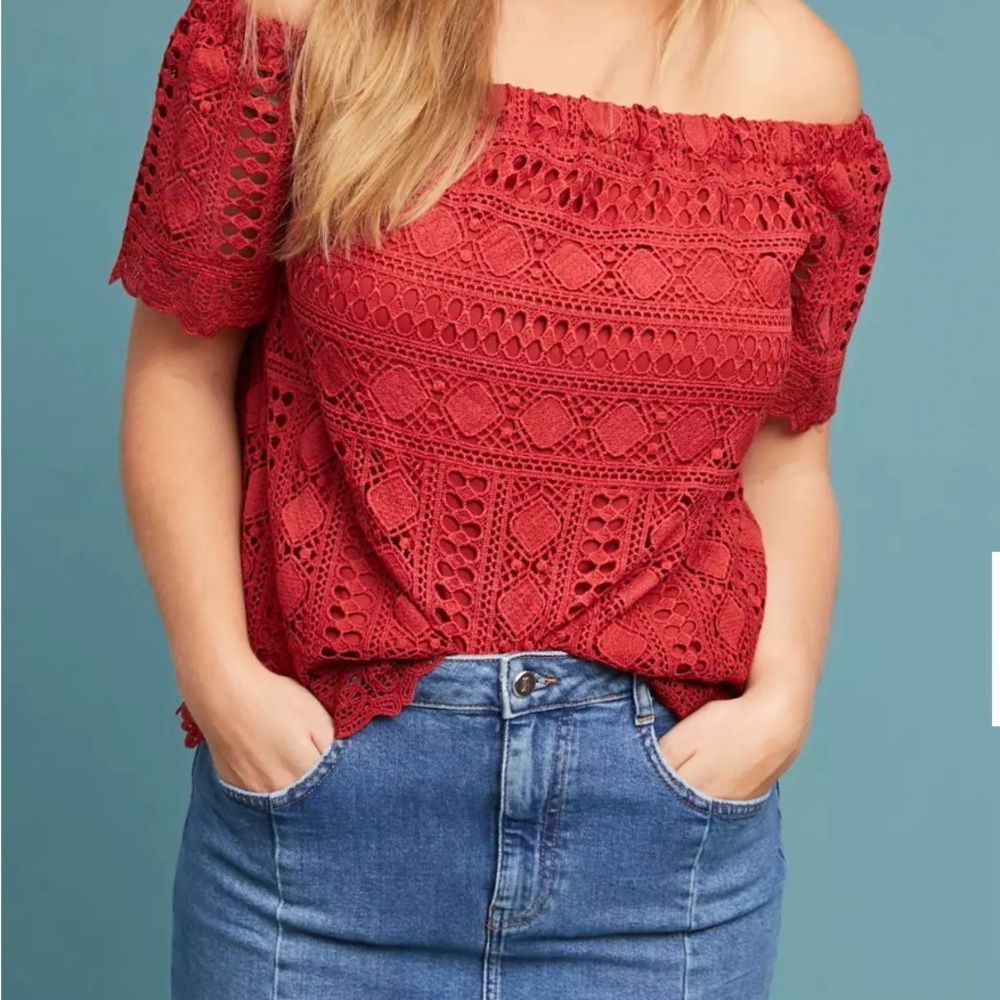 Sunday in Brooklyn Red Crochet Off-Shoulder Tunic NWT size Small